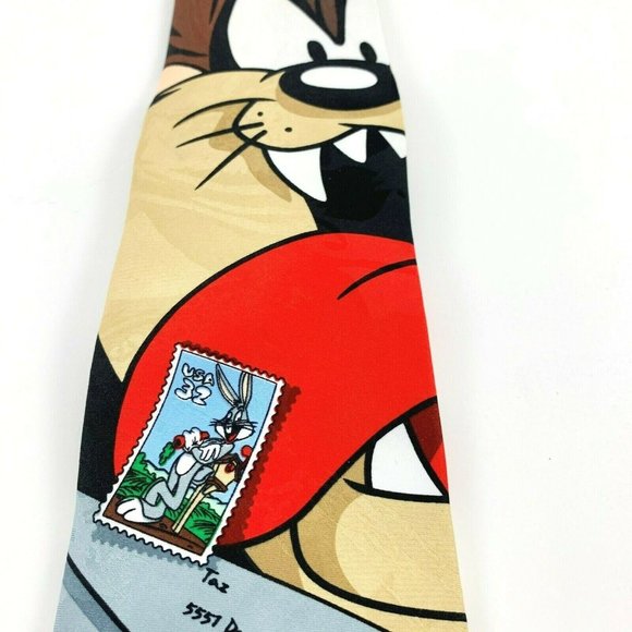 Looney Tunes Men's Necktie, Stamp Collection, Taz, Bugs Bunny. Stamp. 1997. VGC - Picture 2 of 4